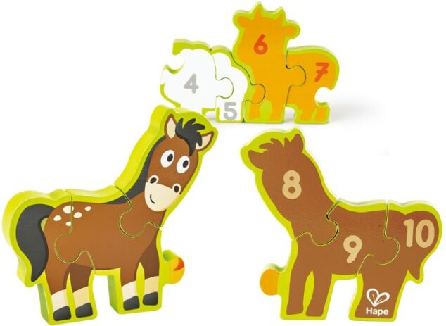 Hape Happy Puzzles Ξύλινο Παζλ Αριθμοί & Ζωάκια Φάρμας-10Τμχ (E1628) (1)