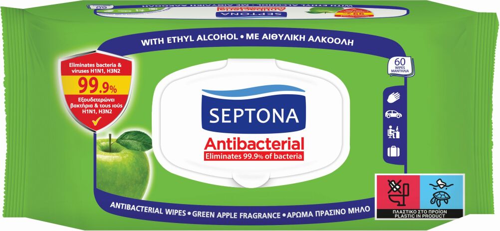 Septona Αντιβακτηριδιακά Μαντηλάκια Refresh Πράσινο Μήλο-60Τμχ (2101030015037) (0)