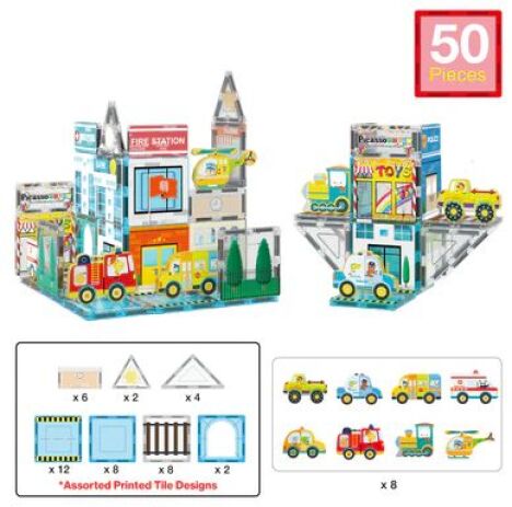 Picasso Tiles Metro City Set With 8 Vehicles 50Τμχ (PTQ14) (1)