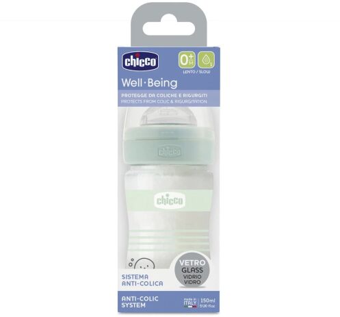 Chicco Μπιμπερό Γυάλινο Well Being Unisex 150ml Θηλή Σιλικόνης (A50-28711-31) (1)