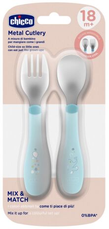 Chicco Σετ Πιρούνι-Κουτάλι Μεταλλικό 18+ Μηνών Natural Σιέλ (F05-16102-25) (1)