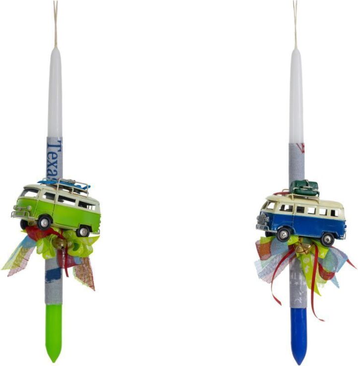 Χειροποίητη Πασχαλινή Λαμπάδα Πουλμανάκι Μεταλλικό-4 Σχέδια (293851) (2)