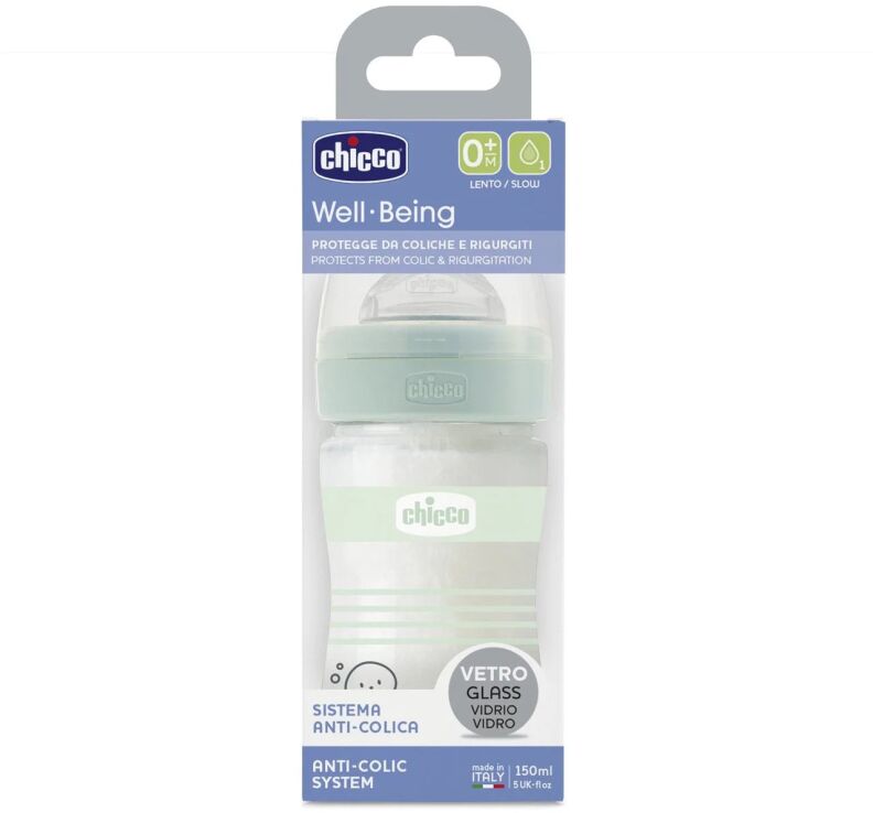 Chicco Μπιμπερό Γυάλινο Well Being Unisex 150ml Θηλή Σιλικόνης (A50-28711-31) (1)