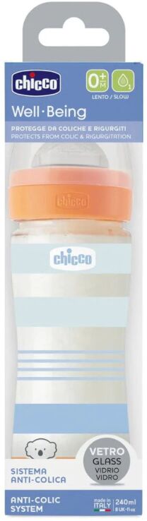 Chicco Μπιμπερό Γυάλινο Well Being Boy 240ml Θηλή Σιλικόνης 0m+ (A50-28721-21) (1)