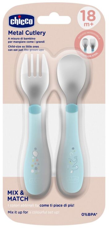 Chicco Σετ Πιρούνι-Κουτάλι Μεταλλικό 18+ Μηνών Natural Σιέλ (F05-16102-25) (1)